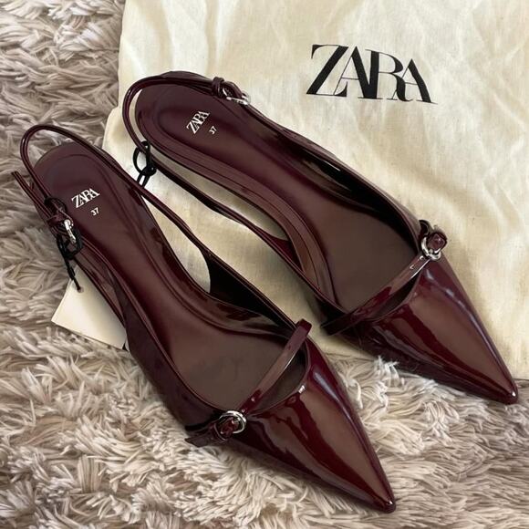 ZARA Cherry Red Patent Slingback Heels w/ Buckle Detail NWT (Sz 7.5) - Picture 8 of 16